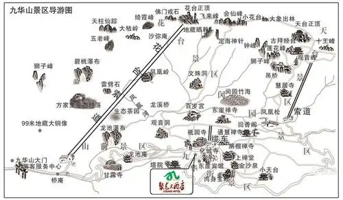 九华山地图: 主要是三个景点,三上索道,天台山,百岁宫,花台.