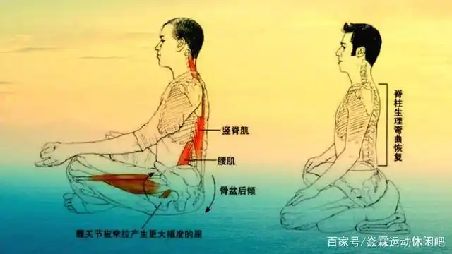 盘坐中的姿势,臀部要垫垫子维持骨骼结