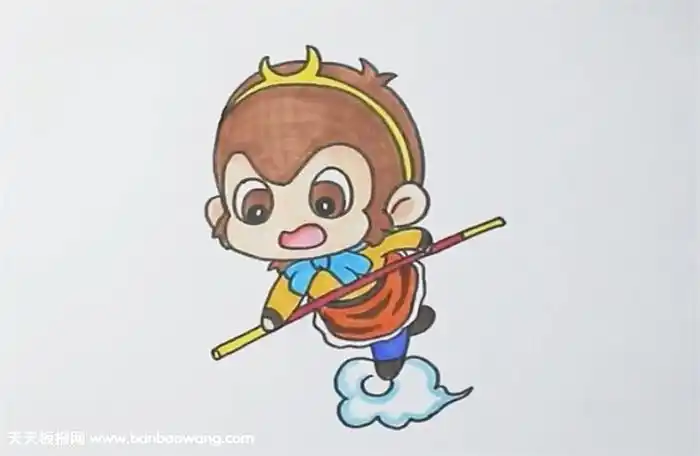 2,接着往下画出美猴王孙悟空的上半身衣服与动作,双手一前一后拿着