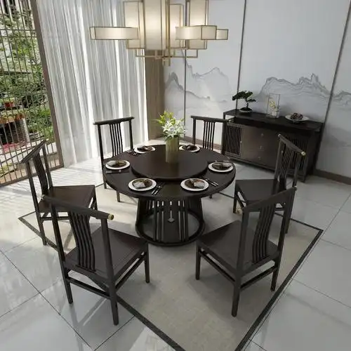 新中式餐桌实木圆形餐桌中式餐桌现代酒店别墅样板间禅意定制家具