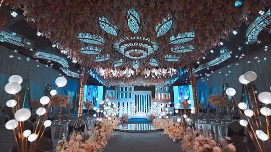 婚礼场景舞台布置蓝色婚礼布置效果图蒂芙尼蓝唯美婚礼布置场景海报新