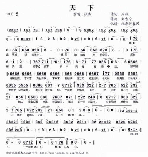 天下 张杰 歌谱 简谱
