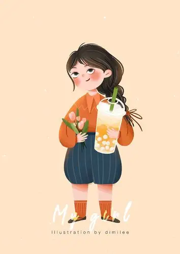 原创插画 | 萌系小可爱/喝奶茶/步骤图