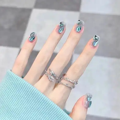 小红书新款爆闪湖蓝仙女穿戴甲蓝色人鱼的眼泪美甲贴片纯手工定制78