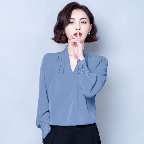 恒源祥重工刺绣v领真丝衬衫女长袖气质纯色高端桑蚕丝大牌上衣春