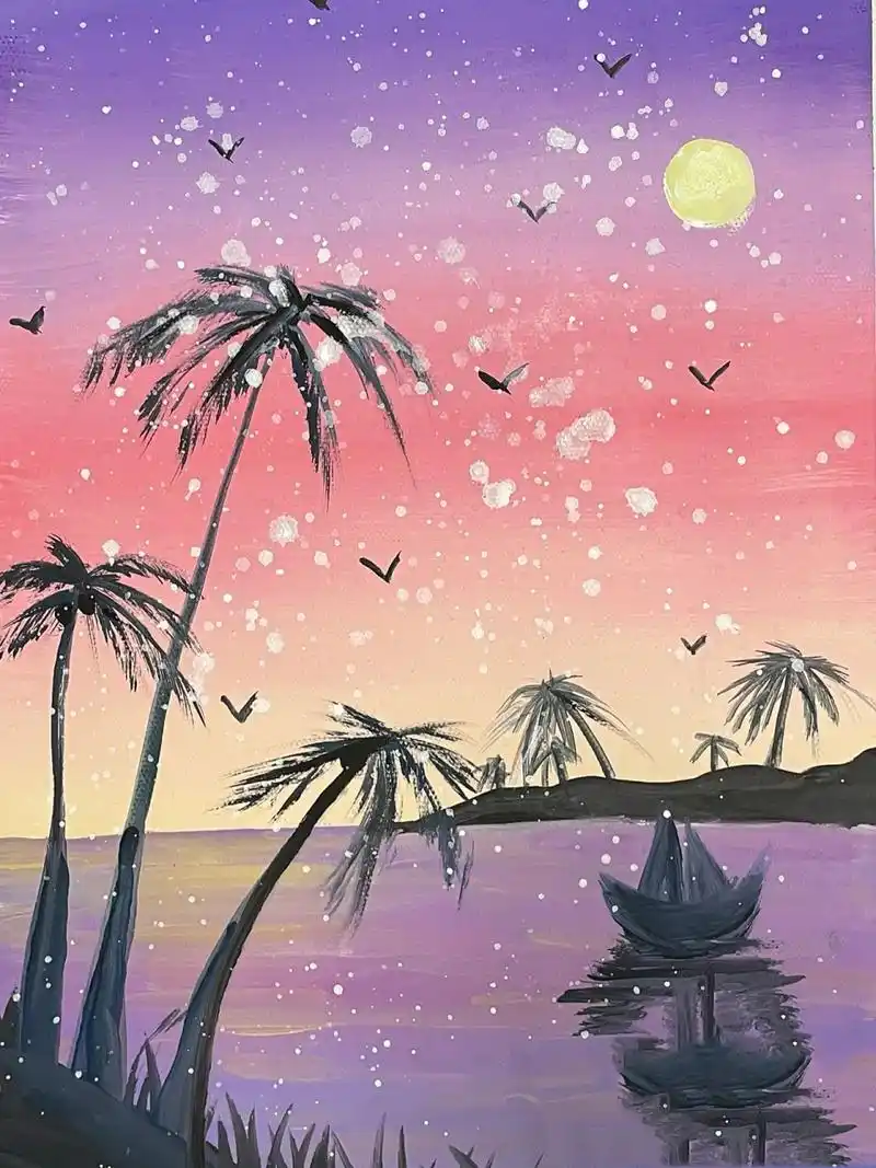 水粉风景画《海边椰树》 1:铺色    紫色→粉色→淡黄77白→淡黄