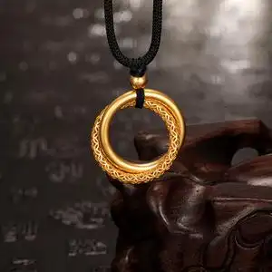 雅俪珠宝古法黄金平安扣吊坠男士999足金乾坤圈坠子纯金挂绳项链