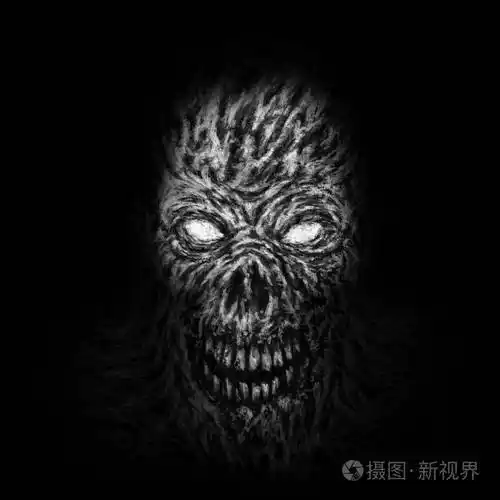 邪恶的恶魔头骨插图. 黑白颜色. 恐怖类型. 可怕的怪物脸. 精神状态