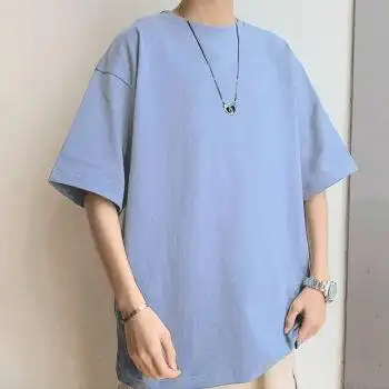夏季纯色短袖t恤男士潮牌半袖宽松体恤港风百搭ins潮男生衣服浅蓝色xl