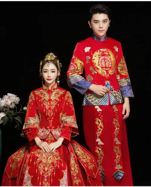 秀禾服男新款秀禾服男新款新郎古装中式结婚礼服男女套装龙凤褂敬酒服