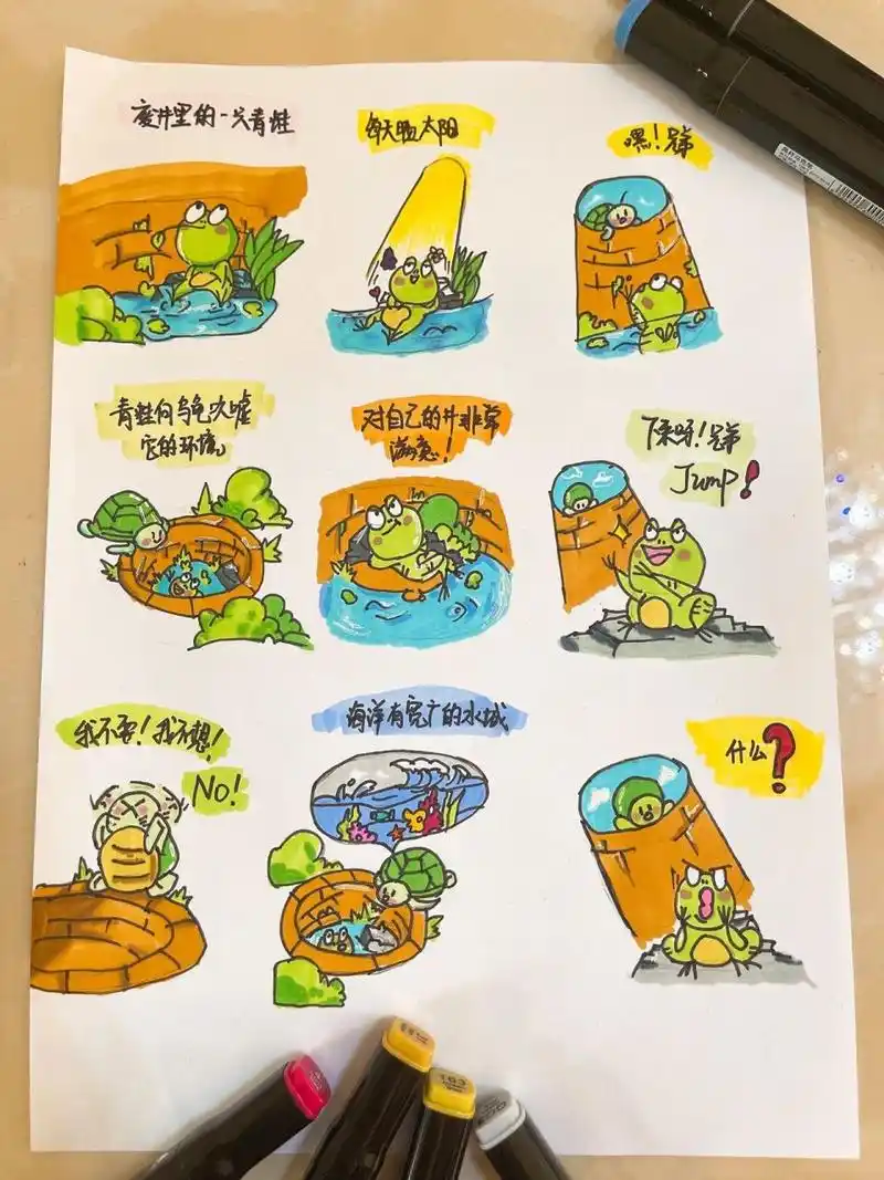 幼儿园成语小故事绘画配图 井底之蛙的故事 井底之蛙:比喻目光短浅,没