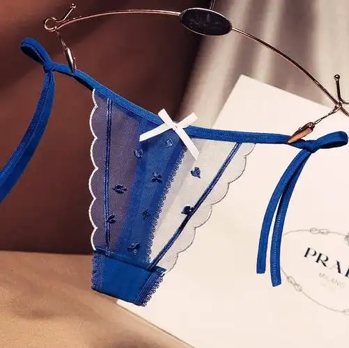 丁字裤学生诱惑透明挡蕾丝镂空刺绣细带网纱女系带丁字短裤丝滑低腰边