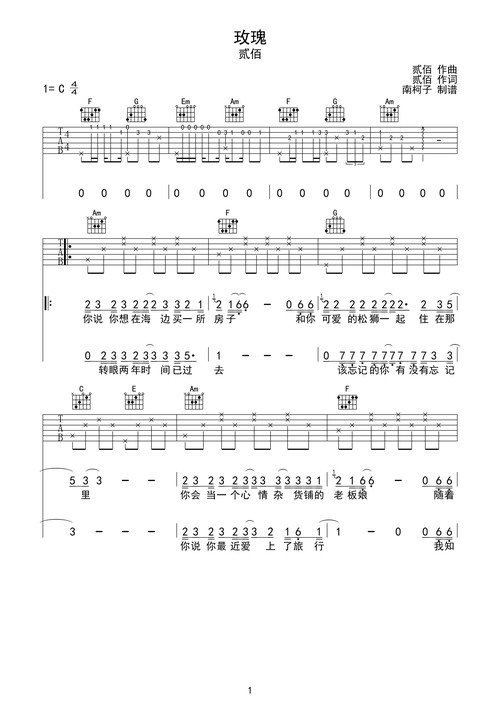 《玫瑰吉他谱》__c调_吉他图片谱2张 图1
