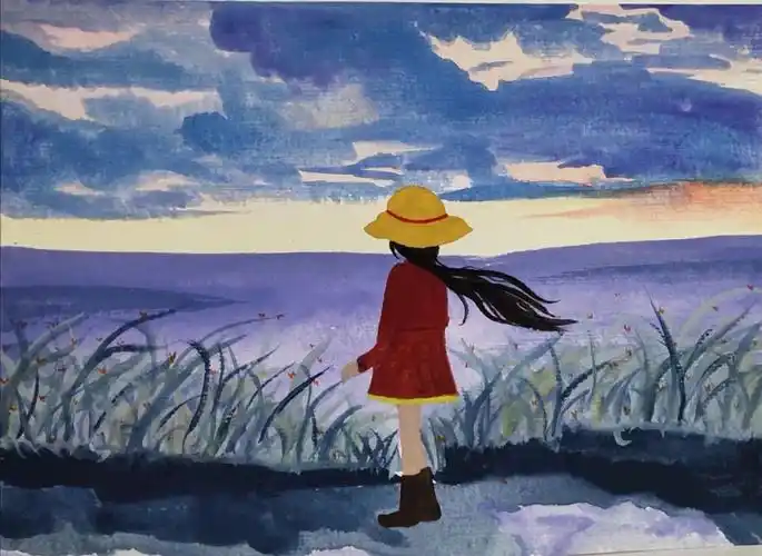 水彩小女孩背影