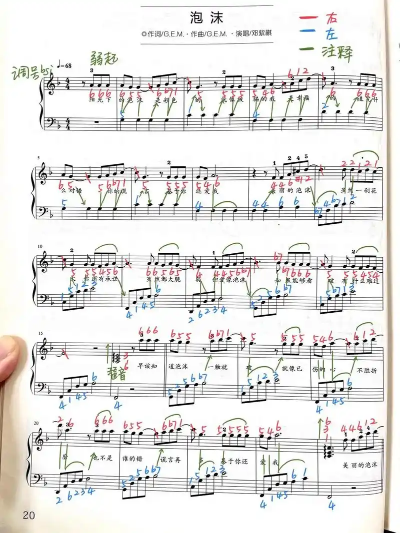 邓紫棋《泡沫》f调钢琴谱附演奏注释 调号少,谱子简单,旋律又 - 抖音