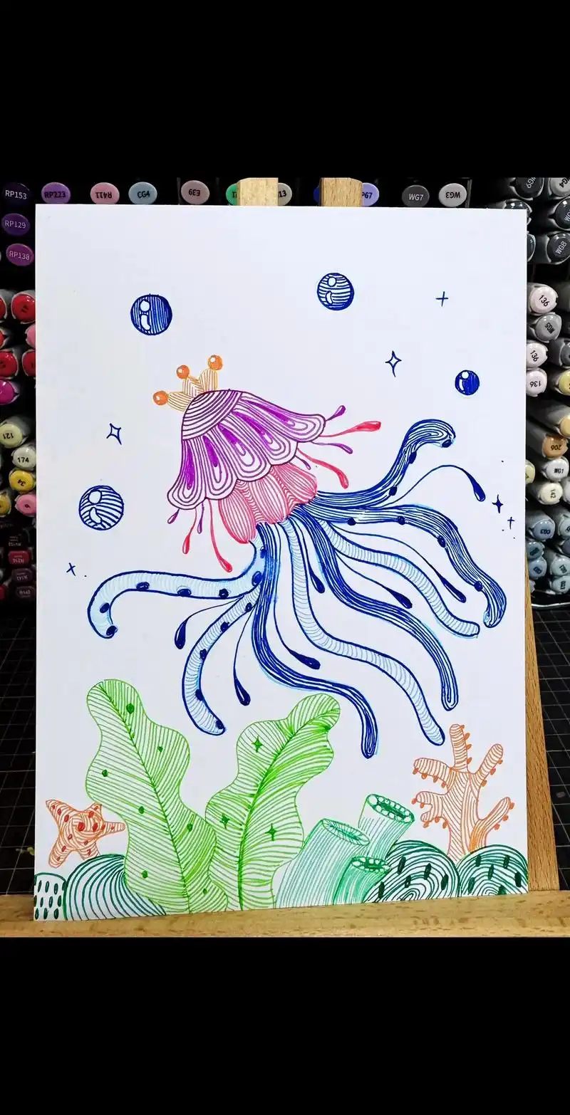 彩色线描/海底世界多彩水母～#简笔画 #一学就会系列 #儿童 - 抖音