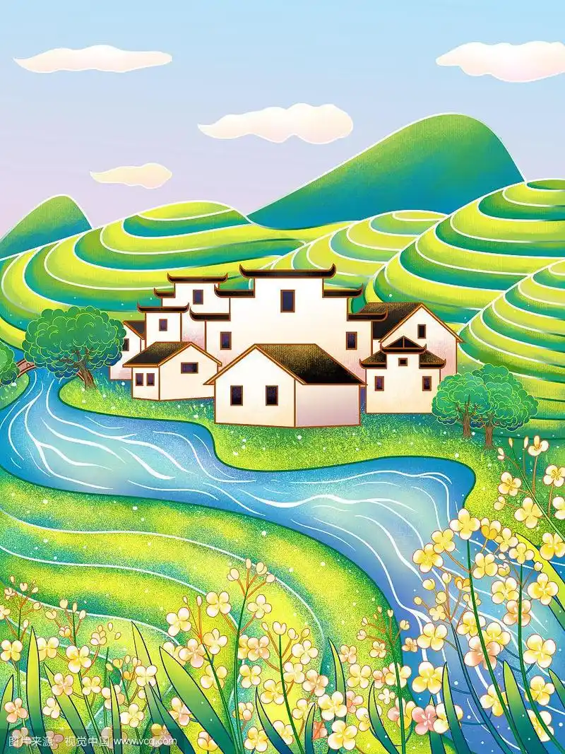 国风婺源油菜花梯田村庄风景插画