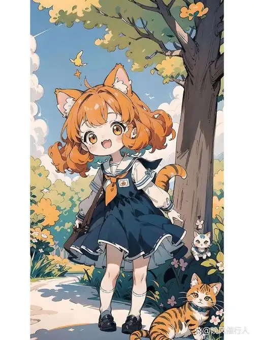 动漫临摹 橙色系 猫耳校服 人物全身