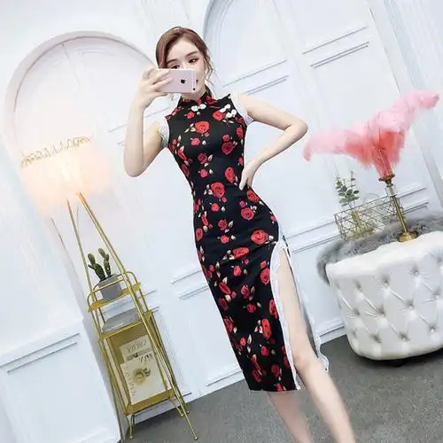 旗袍少女大码优雅复古古高开叉技师性感夜店包连衣裙