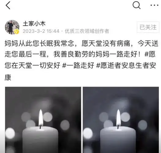 土家小木:小凤妈妈永远离开了,愿天堂没有病痛,小凤和家人节哀