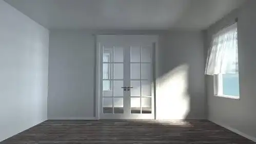 3d 渲染白色阳光空房间没有家具.紧闭的门.风通过打开窗口.