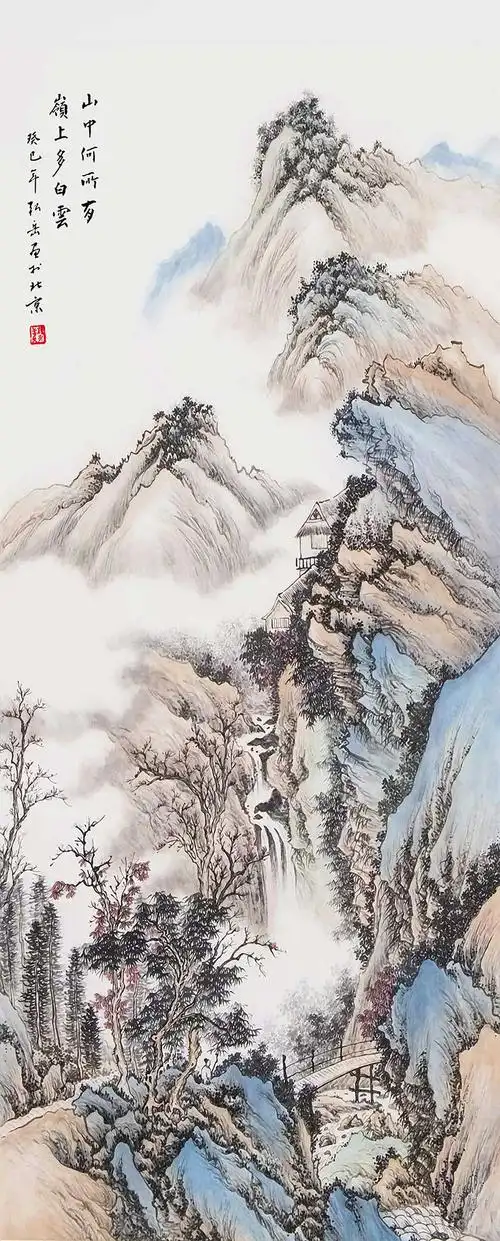 xt92421中式水墨山水瀑布云海桥小溪山中何所有诗词玄关国画