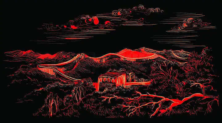 中国长城素描,中国地标.矢量手绘插图在黑色背景上孤立的红色颜色.