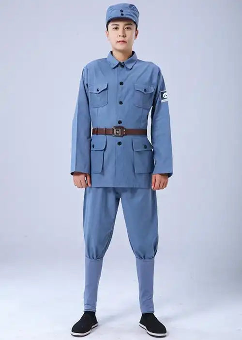 支持国货·现货新四军红军长征话剧舞台合唱服战服装 蓝灰色红 110