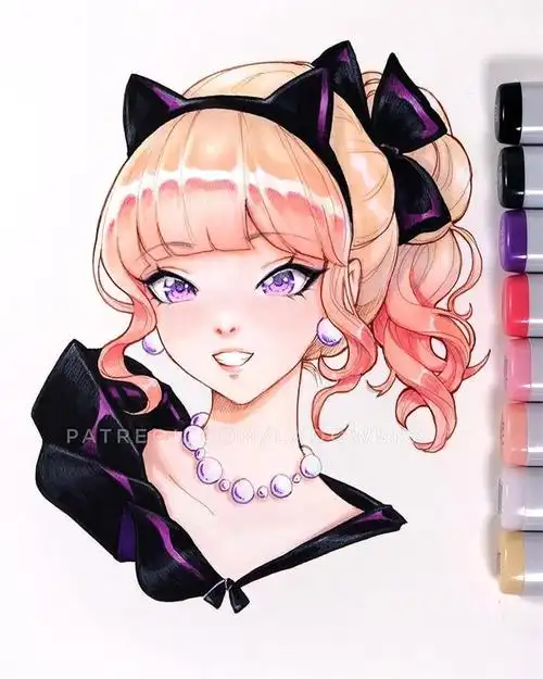 马克笔动漫人物插画欣赏,色彩很漂亮的手绘二次元少女