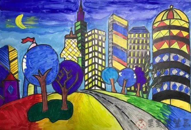 儿童夜景画夜晚的城市儿童画