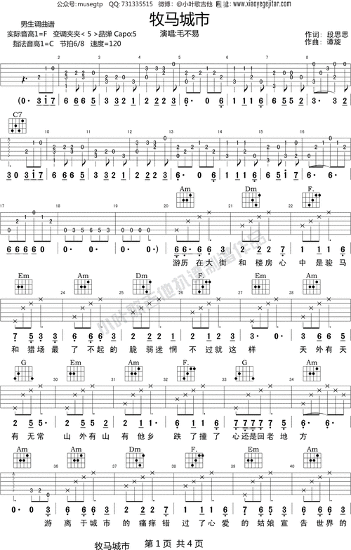 毛不易《牧马城市》 吉他谱c调简化吉他弹唱谱