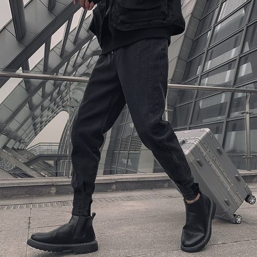 黑色牛仔裤男春夏季修身小脚配马丁靴的裤子高街痞帅9九分工装裤