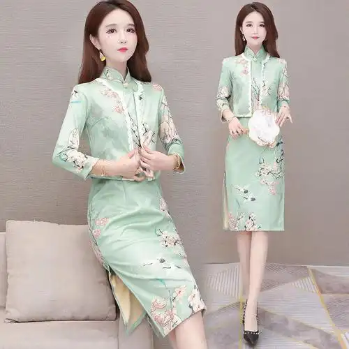改良旗袍连衣裙女秋装新款中国风洋气小香风两件套