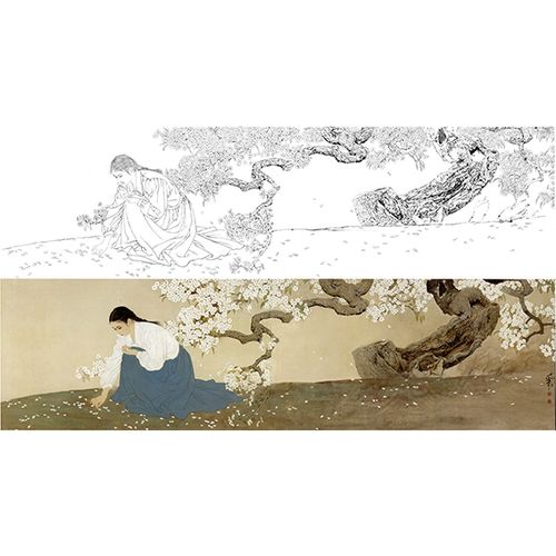 工笔落英白描线稿何家英现代人物底稿用作临摹勾线实物打印版zv22