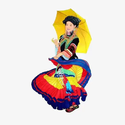 手绘彝族美女拿着羽扇跳舞插画免