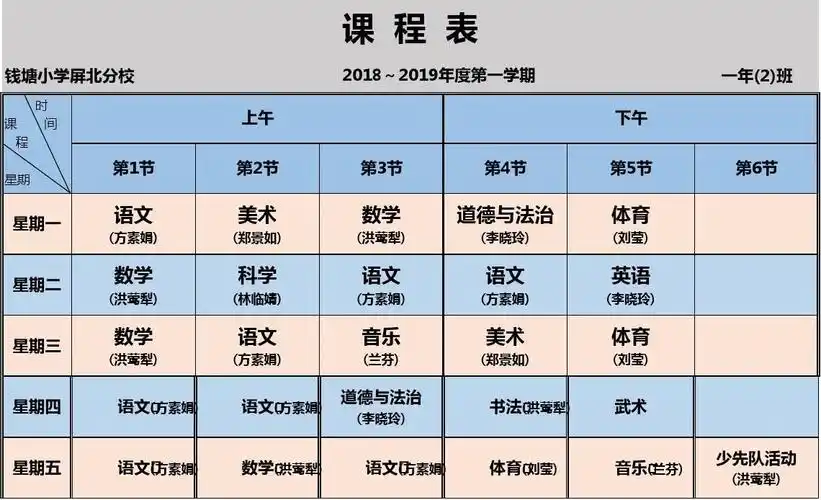 课程表-2018年一年级上学期