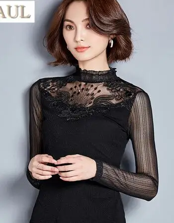 打底衫女长袖半高领亮丝镂空薄款性感透视上衣内搭小衫蕾丝衫 黑色