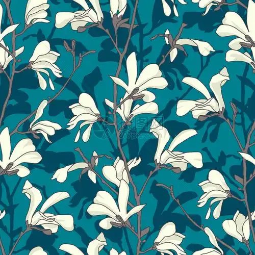 玉兰花无缝图案绿色花卉背景与树枝和白色玉兰花春天设计与大花卉元素