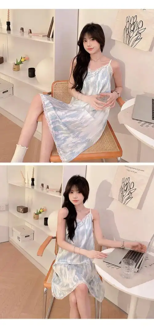 【黛琳芬】甜美冰丝带胸垫吊带睡裙女可爱新款夏天丝绸睡裙家居服28