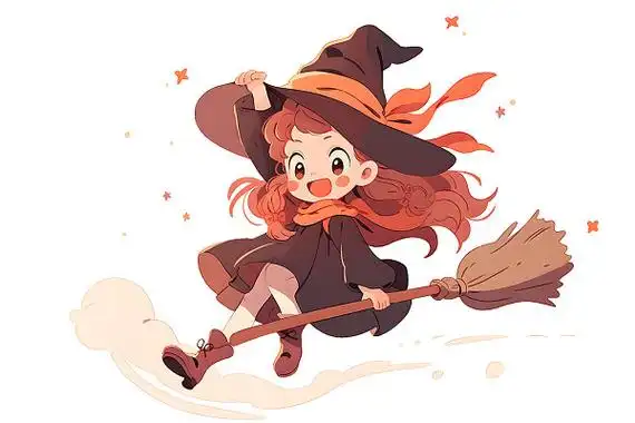 卡通万圣节可爱骑扫把女巫元素