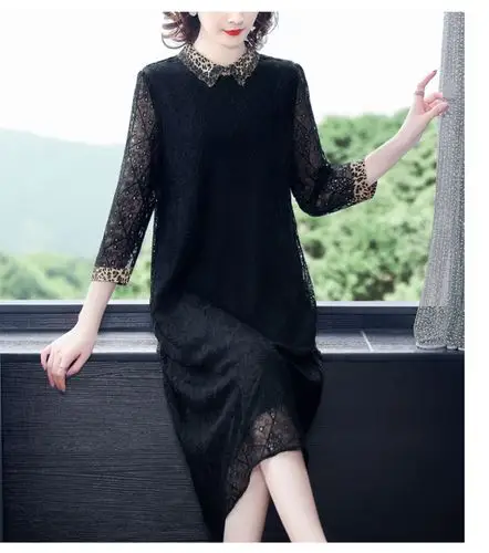 同款豹纹蕾丝连衣裙女春秋长袖高端洋气名媛气质女人味遮肚子显瘦裙子