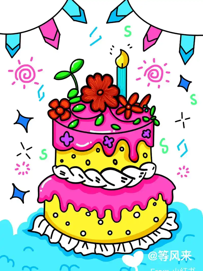 蛋糕90 生日蛋糕 创意画 卡通画 简笔画 儿 带线稿哦#儿童简笔画