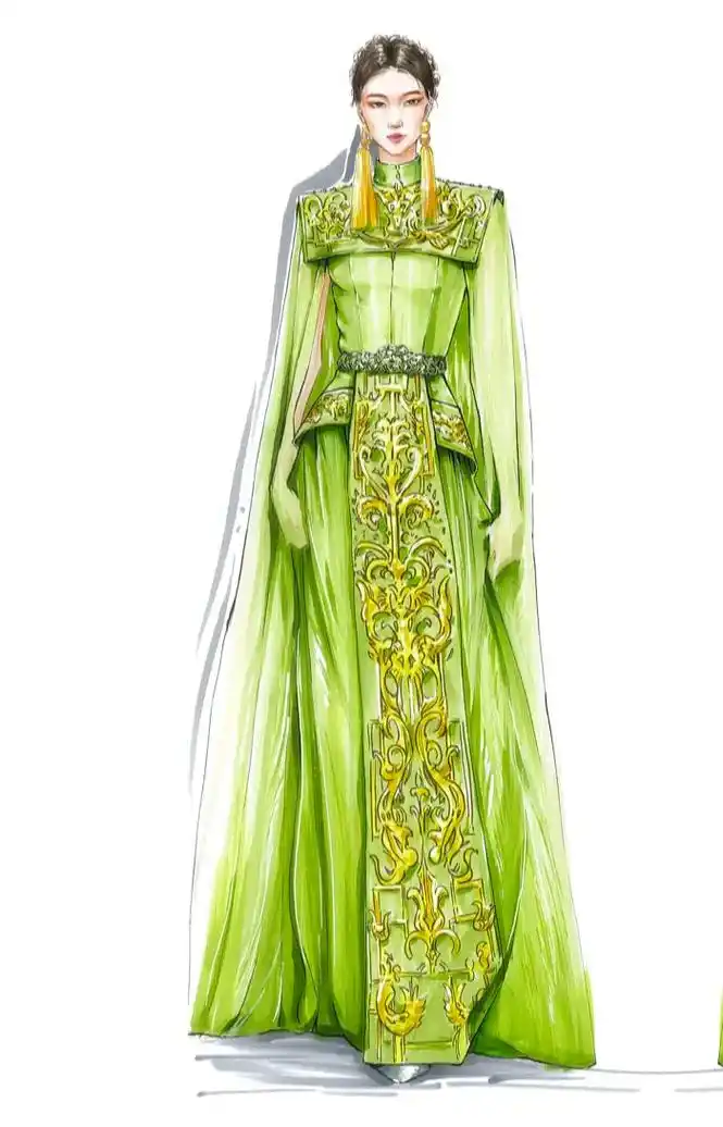 宋韵-礼服手绘马克笔服装设计效果图#服装设计手绘  - 抖音