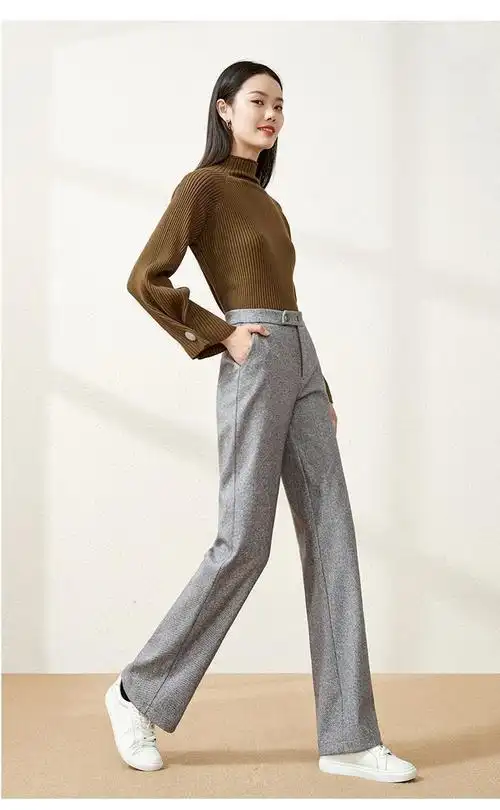 毛呢裤子女2021秋冬新款高腰垂感宽松百搭休闲长裤显瘦直筒阔腿裤