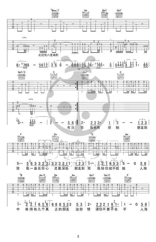 《朋友别哭》吉他谱_吕方_f调带solo弹唱谱_高清六线谱