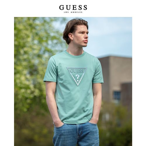 guess男士倒三角立体印花logo百搭圆领短袖t恤上衣-mn2k8406k mit-蓝