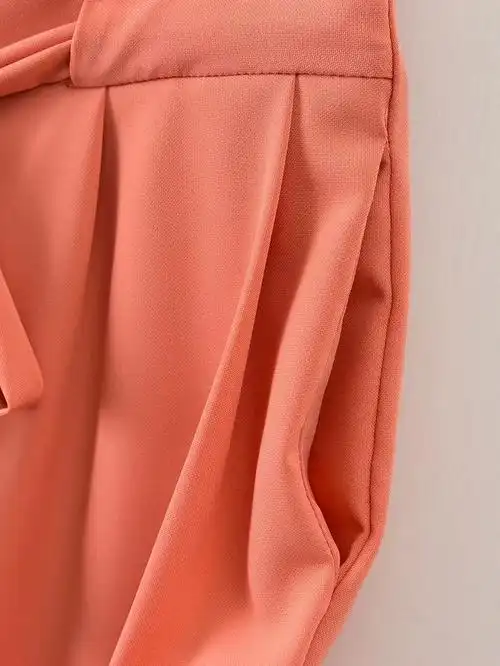 2017春夏新款欧洲站裸粉色蝴蝶结打褶高腰阔腿裤 女士裤子 pop570