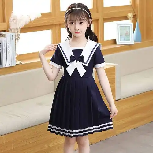 女童学院连衣裙jk制服短袖小学生公主裙女孩儿童装洋气海军风裙子