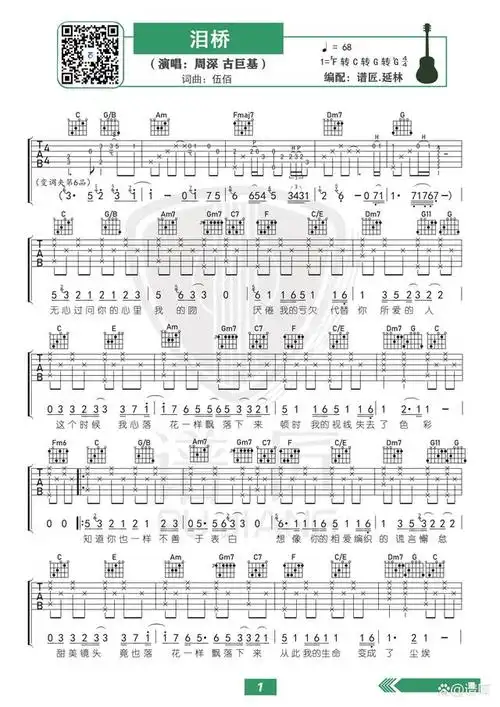 周深古巨基版泪桥吉他谱伍佰原唱