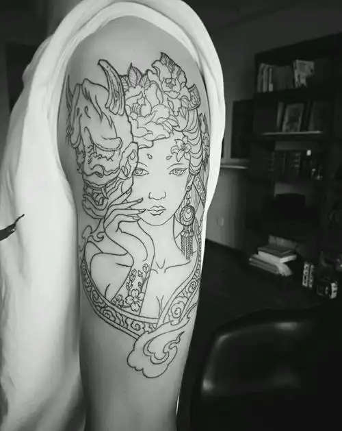 艺伎般若纹身图片_手臂传统人物原创般若艺伎成品手稿纹身图案